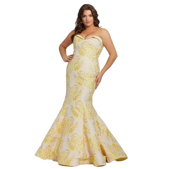 NWT Mac Duggal 66801 Metallic Brocade Strapless Bustier Gown Lemon Size 14W - Picture 1 of 14